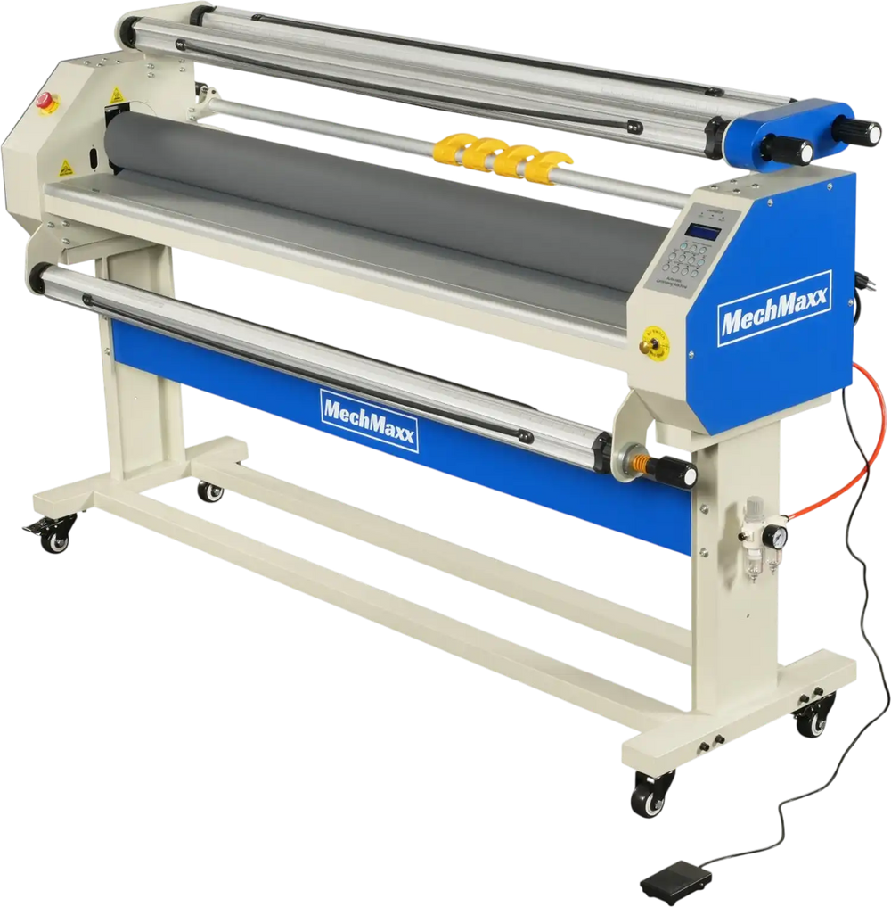 65" Wide Format Full-Auto Cold & Heat Assisted Pneumatic Laminator Machine with 4 Trimmers, Max Speed 40ft/min, 63" Max Width, 1.1" Max Thickness, Infrared Heating, Digital Control Pneumatic Roller Lifting (Requires Air Compressor, Not Included) 1700-B2