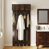 Wall-mounted coat rack in rustic brown with upper storage and five hooks, perfect for entryways and compact spaces.