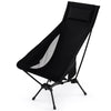 High back portable camping chair in black with ergonomic design, breathable mesh, and compact carry bag for easy.