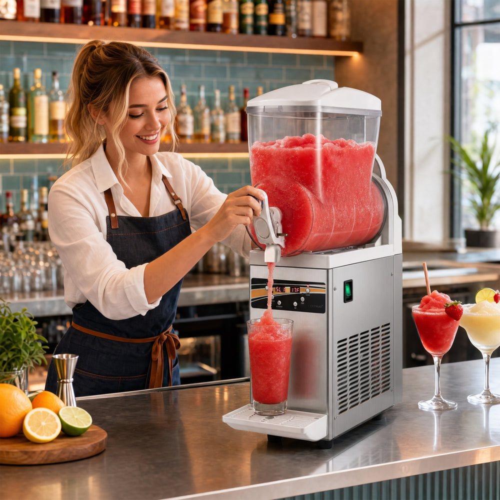Commercial slushy machine with a 15L capacity, perfect for making cold drinks and slushies quickly and easily.