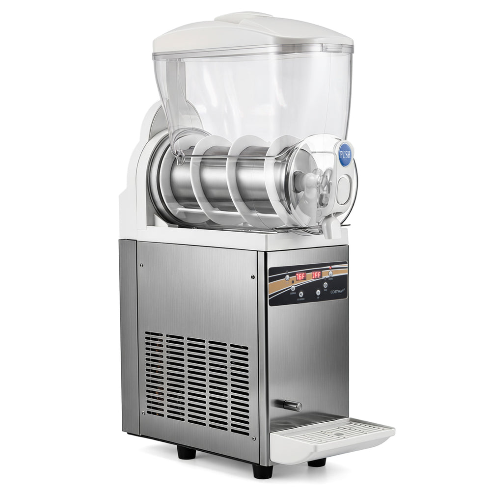 Commercial slushy machine with 15L capacity, rapid freezing compressor, and user-friendly controls for easy drink preparation.