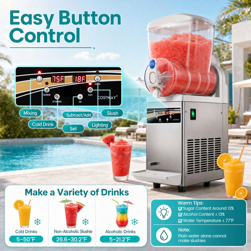 Commercial slushy machine with 15L capacity, easy button control, and rapid freezing for cold drinks and slushies.