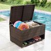 PE rattan storage bin with waterproof liner, featuring a large inner space and shoe rack, perfect for patio.
