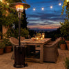 Patio propane gas heater with stainless steel burner, providing 50,000 BTU heat for outdoor patios and gardens.