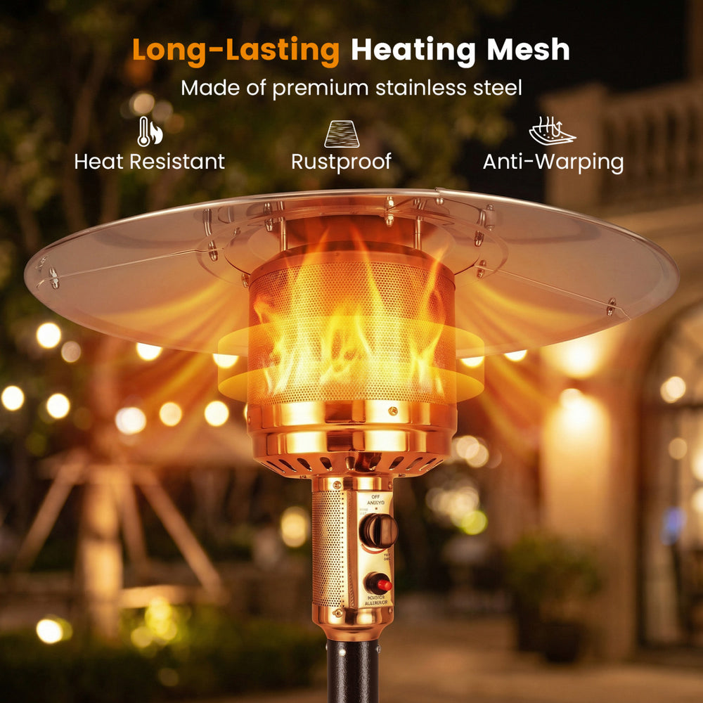 Patio propane gas heater with stainless steel burner, providing 50,000 BTU heat output for outdoor spaces.