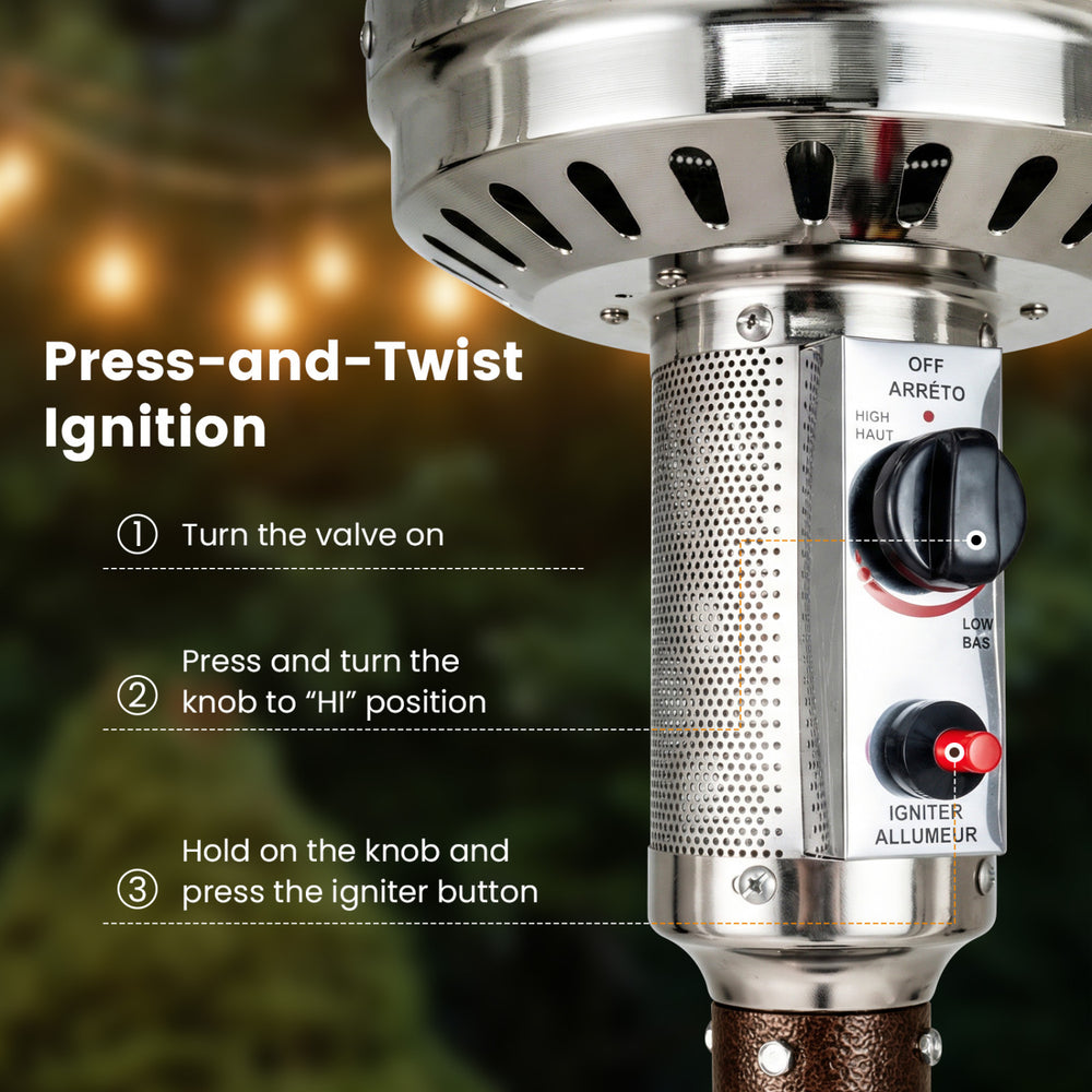 Close-up of the press-and-twist ignition on the 50,000 BTU patio propane gas heater with stainless steel burner.