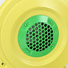 Close-up view of the green and yellow air blower pump fan with a honeycomb vent, designed for inflatable bounce houses.