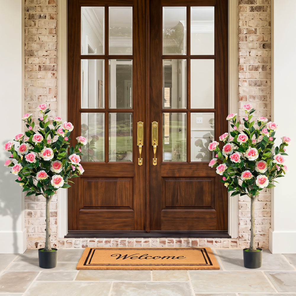 Set of 2 Artificial Camellia Tree with 27 Blossoms in Cement Pot for Home - Gallery View 1 of 9