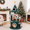 Christmas cat tree stands 50" tall with a cozy top platform, plush fabric, and interactive hanging bell balls for play.