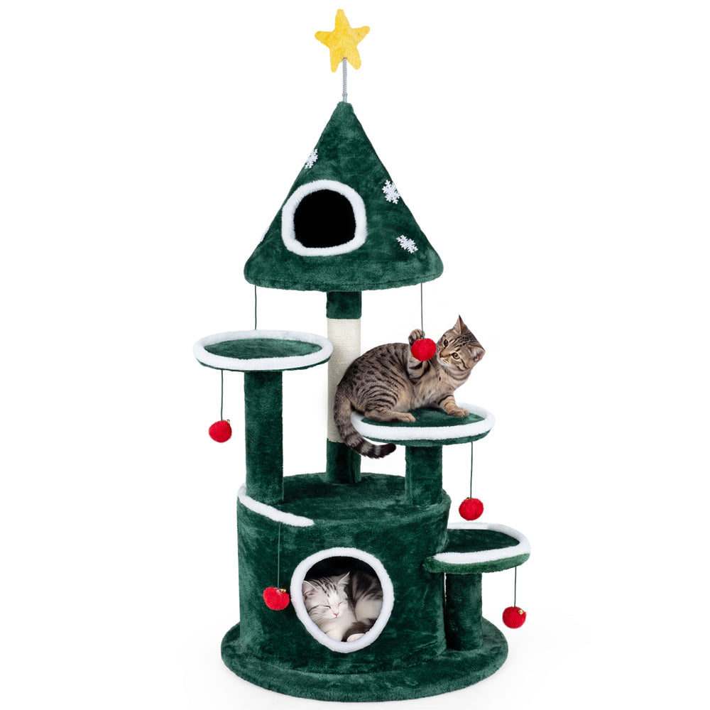 Christmas tree-shaped cat tree with two condos, sisal scratching post, and interactive toys for feline fun and comfort.