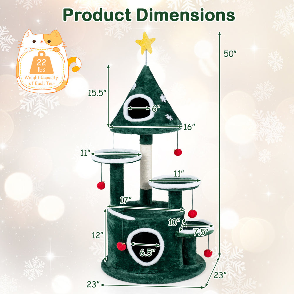 Dimensions chart for the 50" Christmas cat tree shows two condos, a sisal scratching post, and playful hanging toys.