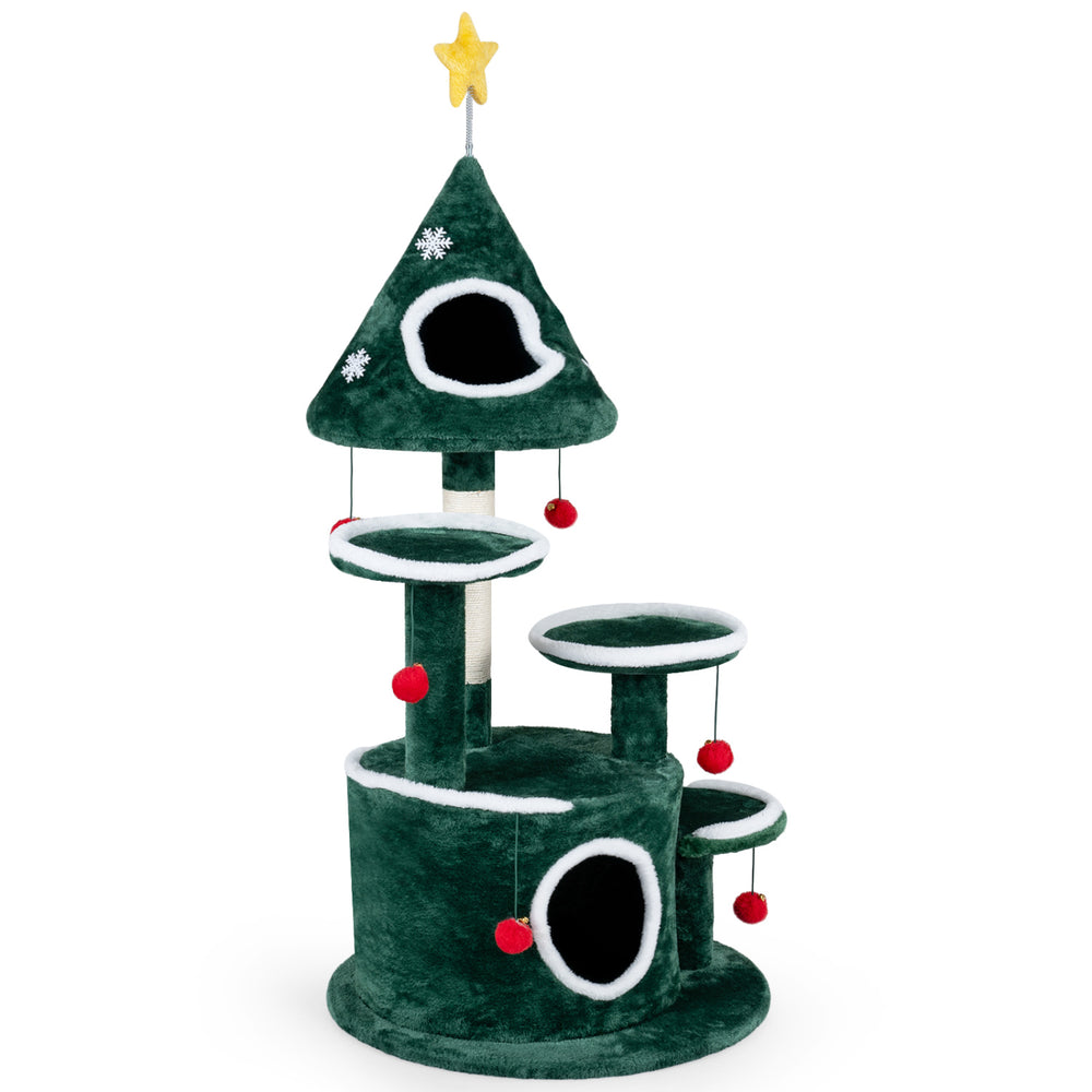Christmas tree-shaped cat tree features multi-level platforms, two condos, and a sisal scratching post for feline fun.