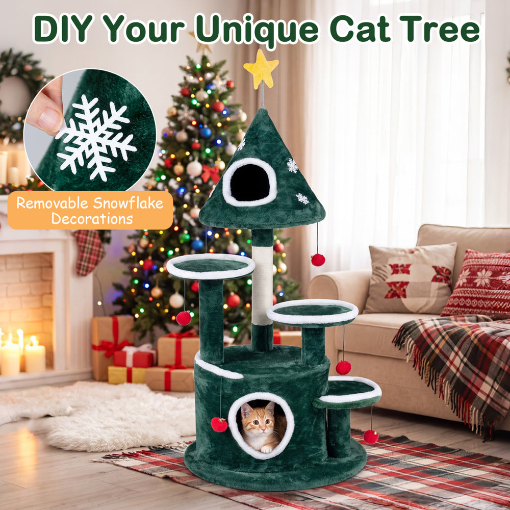 Christmas tree-shaped 50" cat tree with condos, sisal scratching post, and removable snowflake decorations for feline fun.