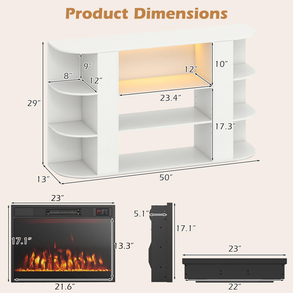 Dimensions of the 50” white fireplace TV stand with RGB lights and 23” electric fireplace for living room storage.
