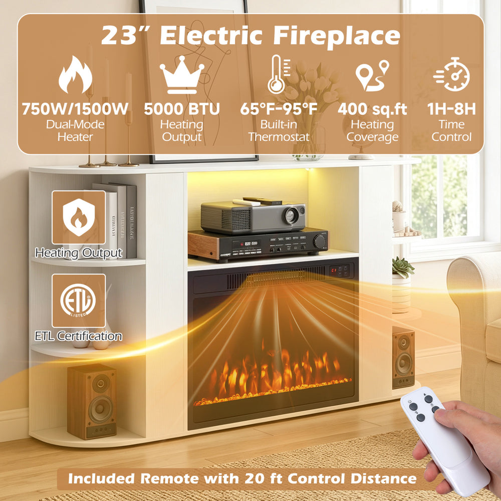 50” white fireplace TV stand featuring a 23” electric fireplace, RGB lights, and remote control for cozy living room warmth.