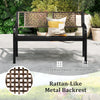 Outdoor metal garden bench with rattan-like backrest, black finish, supports 2-3 people for backyard or poolside use.