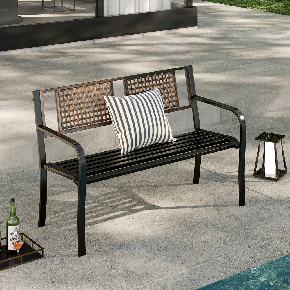 Black 50-inch outdoor metal garden bench with rattan-like backrest, perfect for 2-3 people, ideal for poolside or.