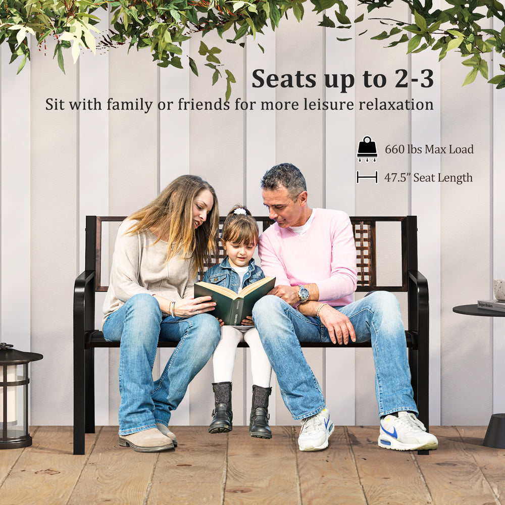 50-inch outdoor metal garden bench with rattan-like backrest, seating 2-3 people, perfect for backyard relaxation.