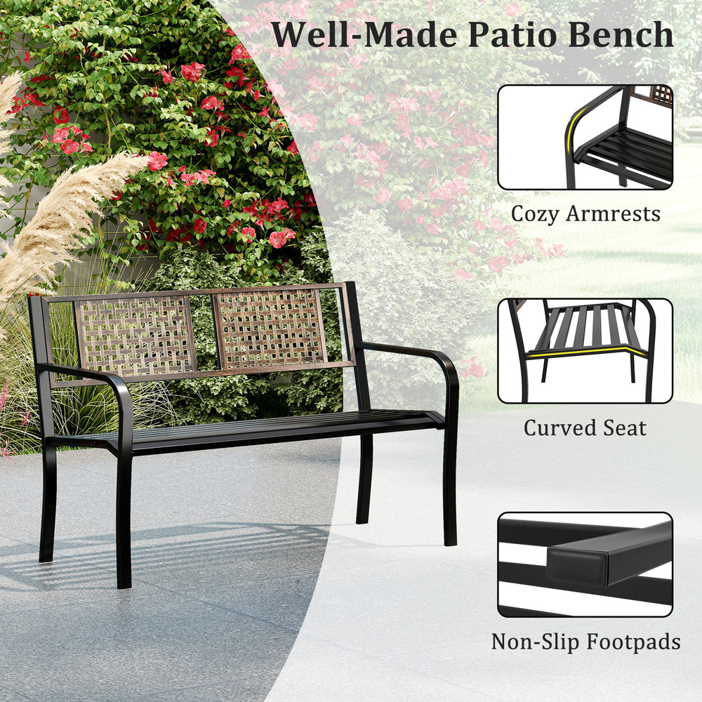 50-inch outdoor metal garden bench with rattan-like backrest, ergonomic curved seat, and anti-slip footpads for.