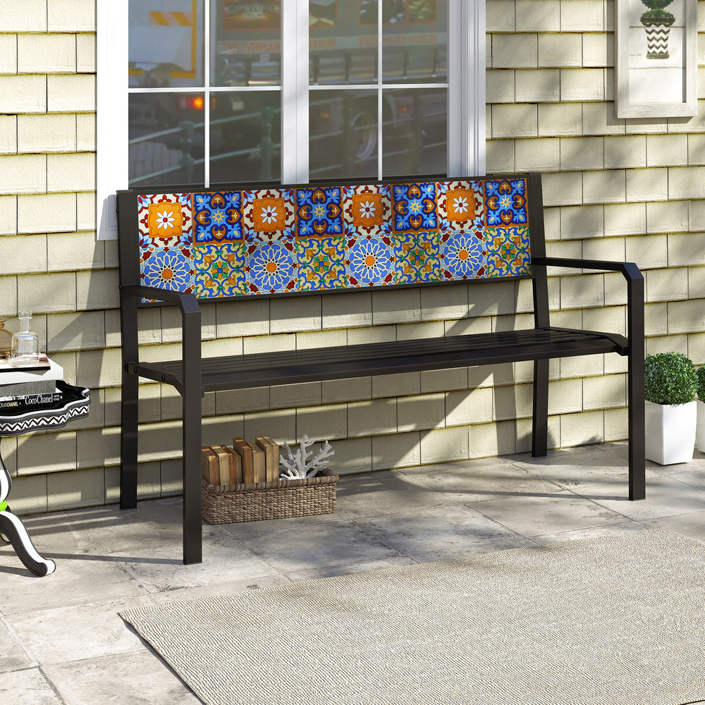 50-inch black patio metal bench with mosaic backrest, designed for 2-3 people, ideal for garden or poolside relaxation.