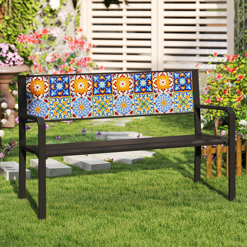 Mosaic backrest patio metal bench with black frame, seating 2-3 people, ideal for garden or poolside relaxation.
