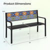 Product dimensions of the 50-inch patio metal bench with mosaic backrest, suitable for 2-3 people, showcasing stability.