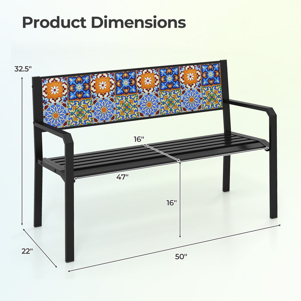 Product dimensions of the 50-inch patio metal bench with mosaic backrest, suitable for 2-3 people, showcasing stability.
