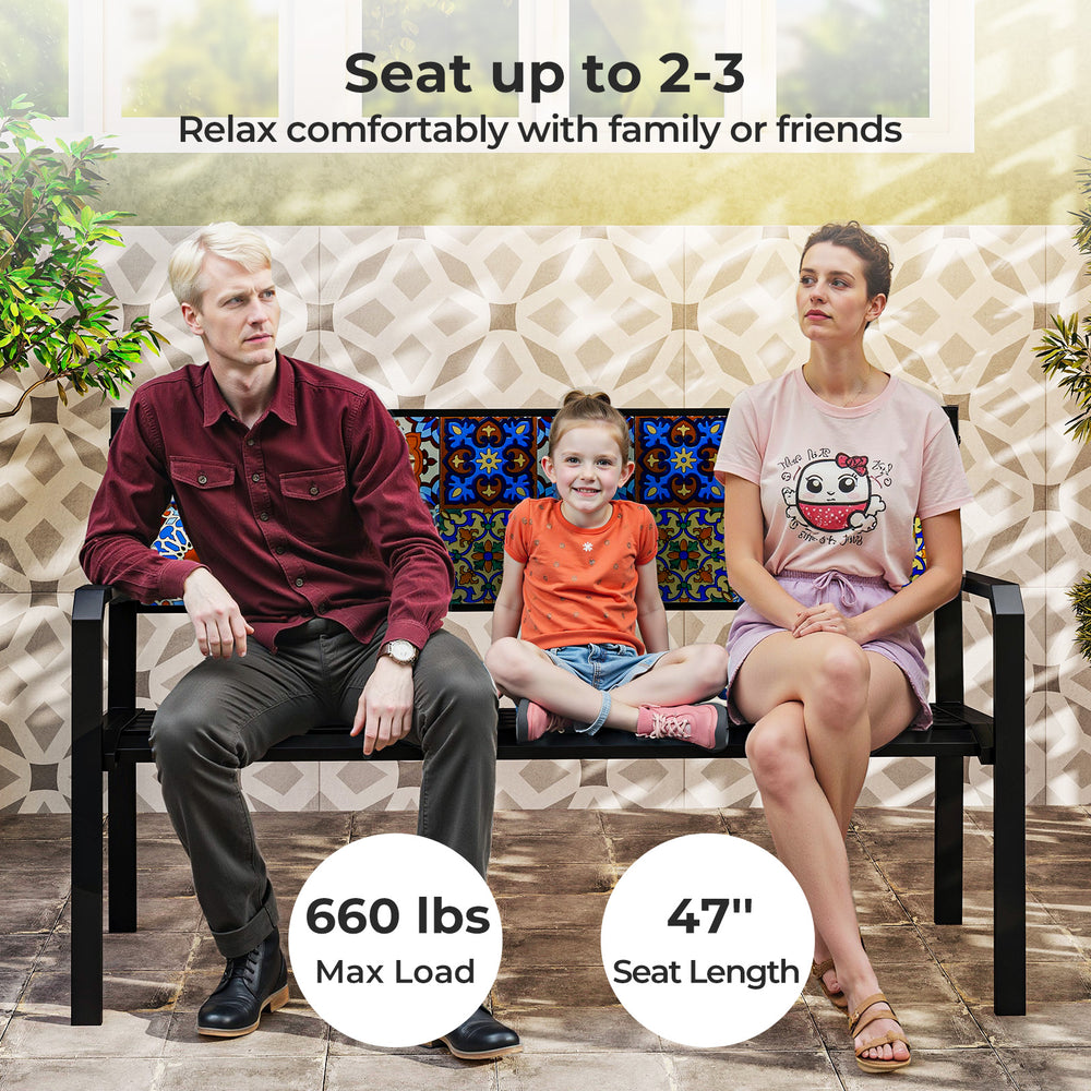 50-inch black patio metal bench with mosaic backrest, seating 2-3 people, ideal for backyard or garden relaxation.