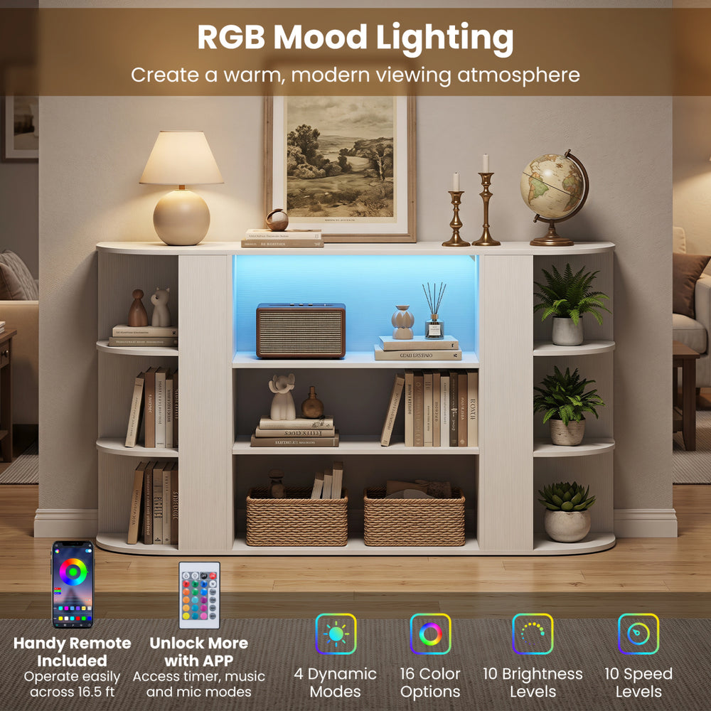 50-inch white TV stand with RGB mood lighting, adjustable shelves, and ample storage for a modern entertainment center.
