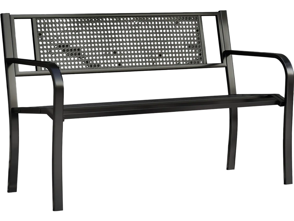 Black 50-inch garden bench with patterned backrest and curved armrests, ideal for outdoor seating in gardens or porches.