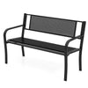 Black 50-inch garden bench with patterned backrest and curved armrests, ideal for outdoor spaces and supports up to 660.