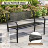 Black 50-inch garden bench with patterned backrest and curved armrests, ideal for outdoor spaces and heavy-duty use.