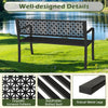Garden bench with patterned backrest and curved armrests, black metal, for 2-3 persons, ideal for outdoor spaces.