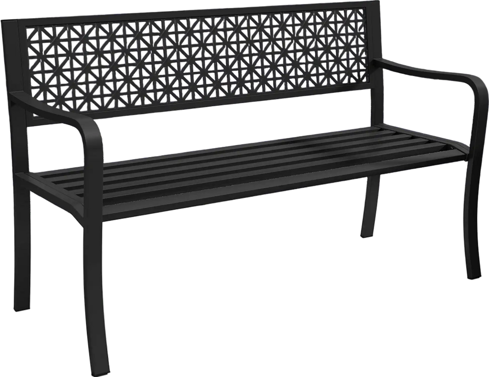Black 50-inch garden bench with patterned backrest and curved armrests, perfect for outdoor spaces.
