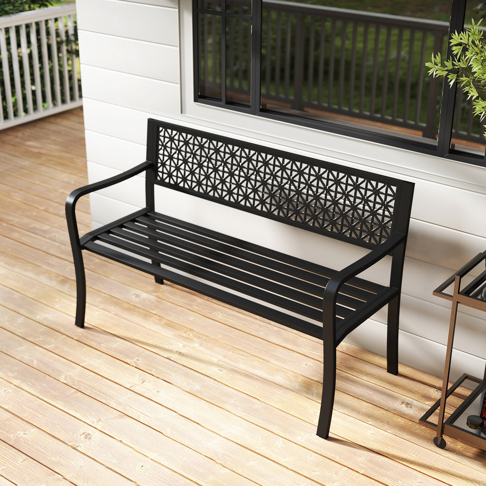 Black 50-inch garden bench with patterned backrest and curved armrests, ideal for outdoor spaces like gardens and.