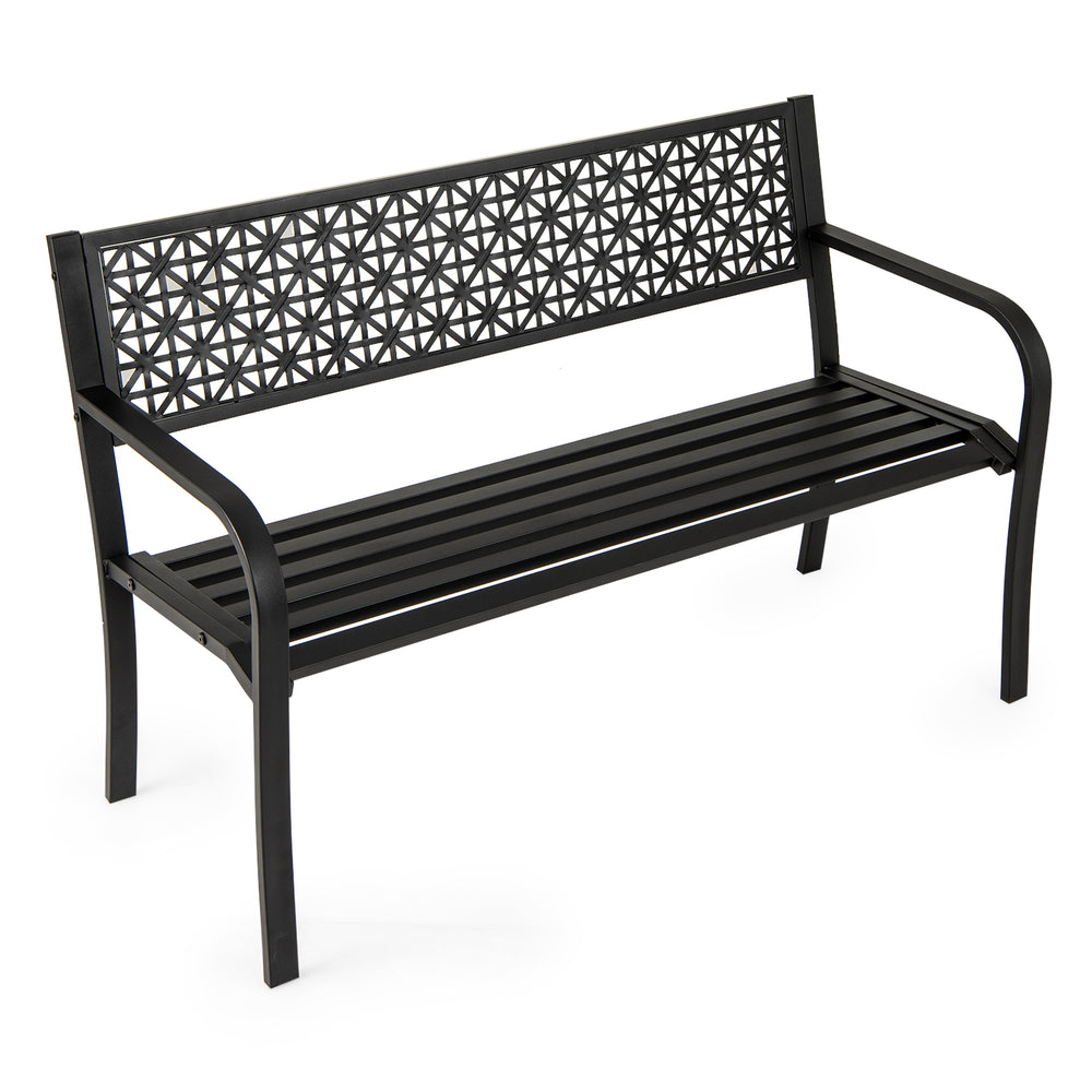 Black 50-inch garden bench with patterned backrest and curved armrests, suitable for 2-3 persons, ideal for outdoor.