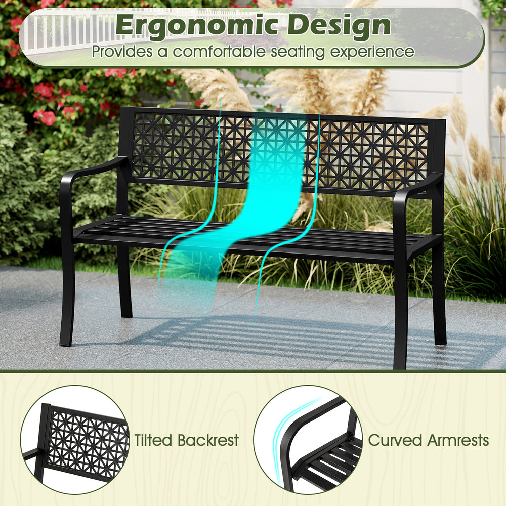 50-inch black garden bench with patterned backrest and curved armrests, perfect for 2-3 people in outdoor spaces.