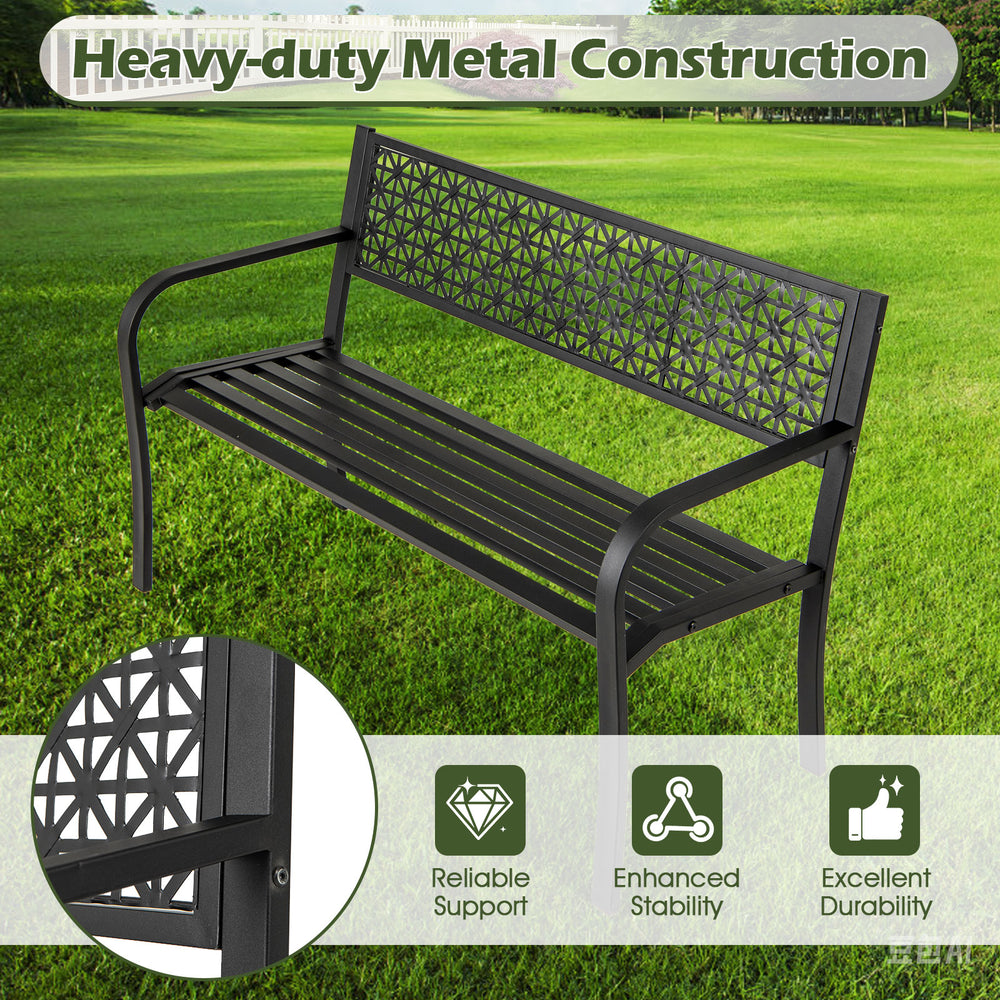 Black 50-inch garden bench with patterned backrest and curved armrests, perfect for 2-3 people in outdoor spaces.