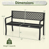 Dimensions of the 50-inch black garden bench with patterned backrest, supporting up to 660 lbs for outdoor use.