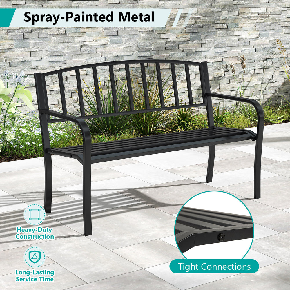 Black 50-inch outdoor garden bench with slatted backrest and curved armrests, ideal for gardens and patios.