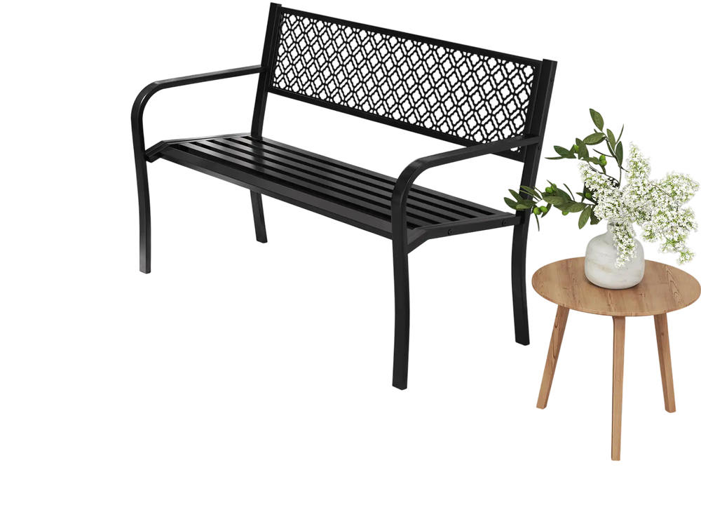 Black outdoor garden bench with geometric lattice backrest, slatted seat, perfect for patio or backyard gatherings.