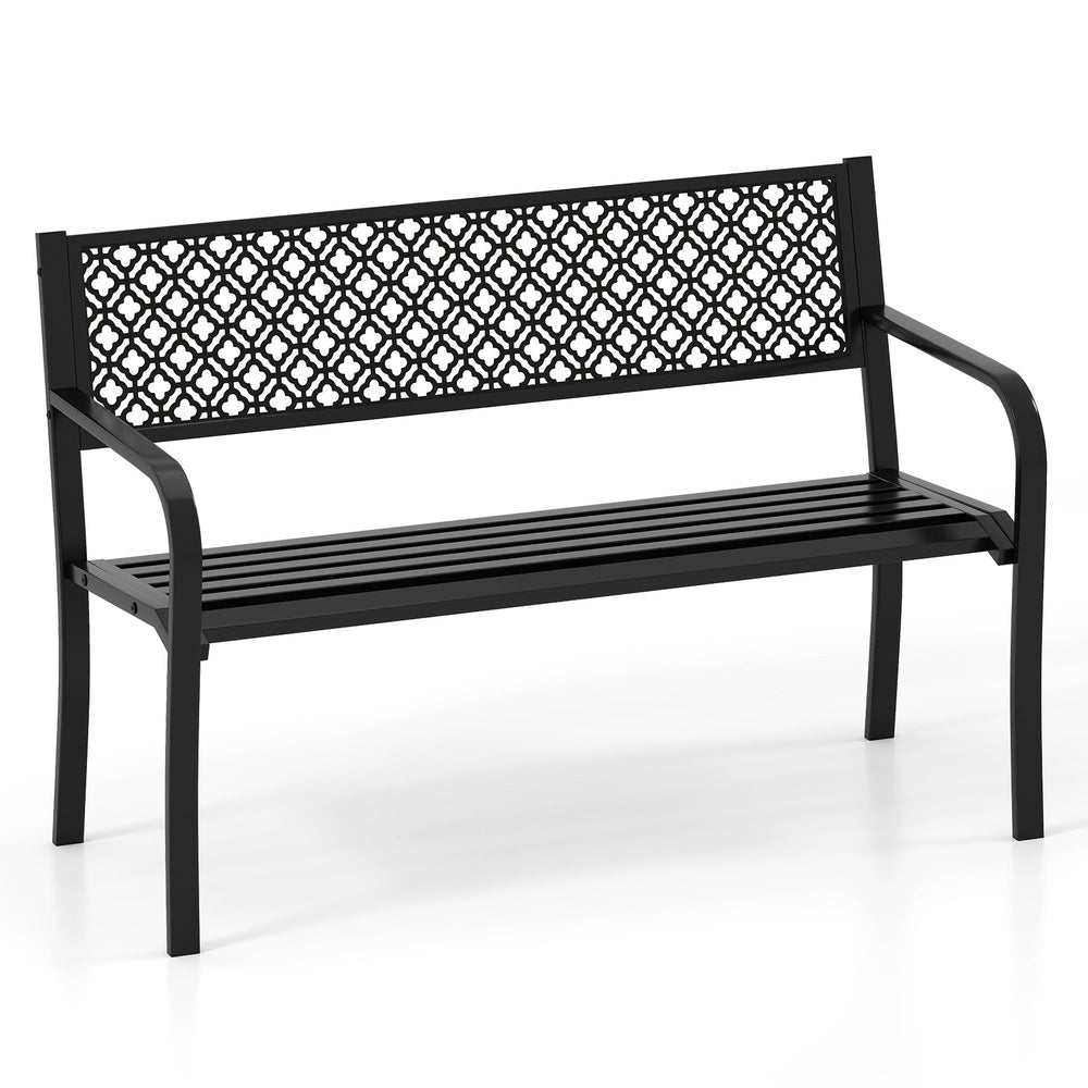 Black 50-inch outdoor garden bench with geometric lattice backrest, slatted seat, and sturdy metal construction for 2-3.