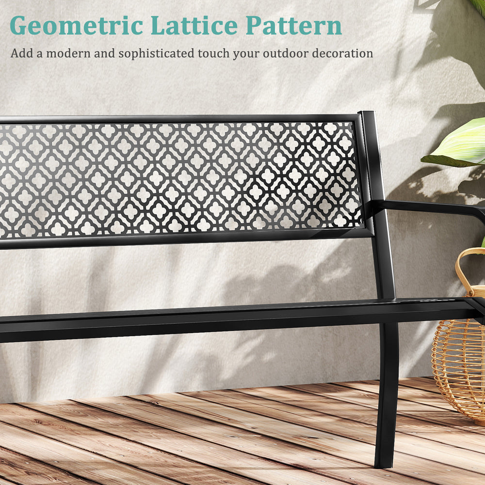 Geometric lattice backrest of a 50-inch outdoor garden bench in black, ideal for patio and garden gatherings.