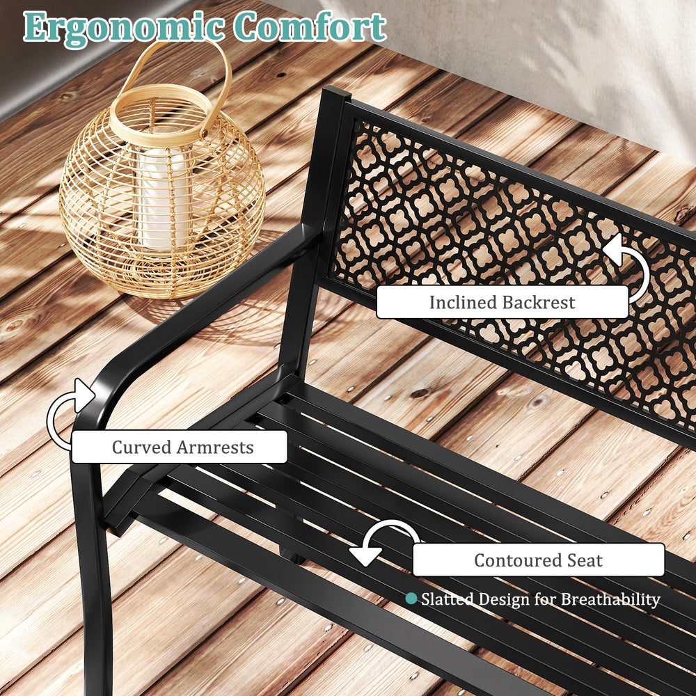 Curved armrests and inclined backrest of the 50-inch black outdoor garden bench for optimal comfort and breathability.