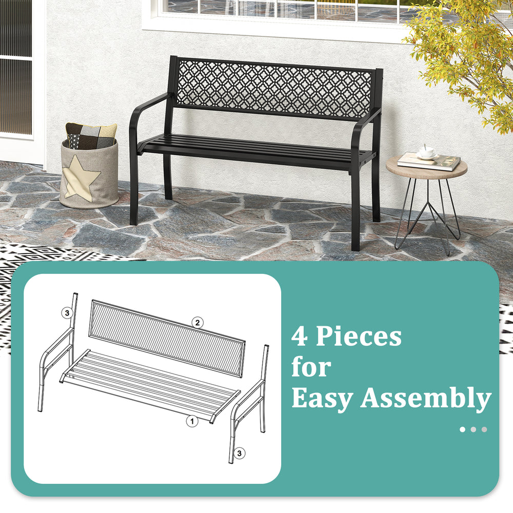 50-inch black outdoor garden bench with geometric lattice backrest, suitable for patio and backyard gatherings.