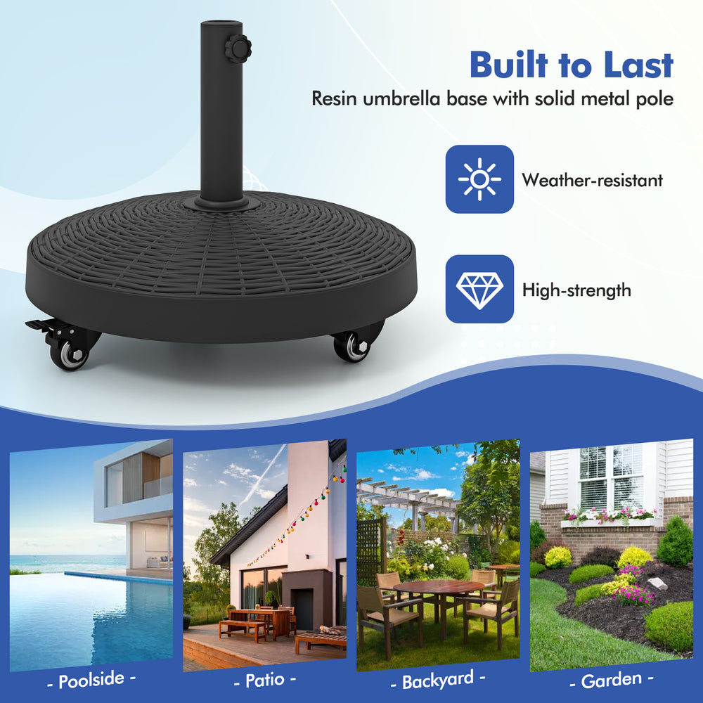 Heavy-duty 50 lbs resin umbrella base with wheels, featuring a rattan design for patio and backyard use.