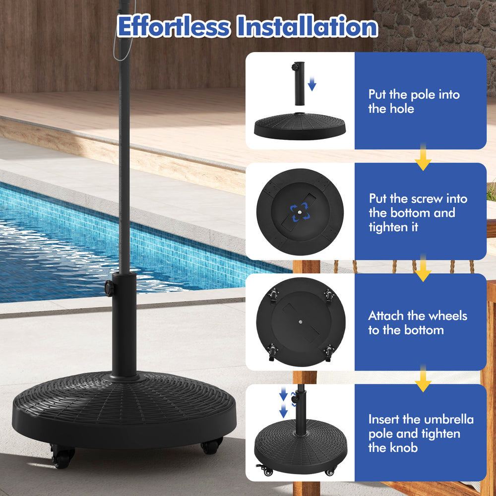 Patio wicker style resin umbrella base stand with wheels, 50 lbs heavy duty for strong support and easy movement.
