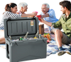 Gray 50 QT rotomolded cooler with integrated cup holders, filled with drinks, perfect for outdoor gatherings and.