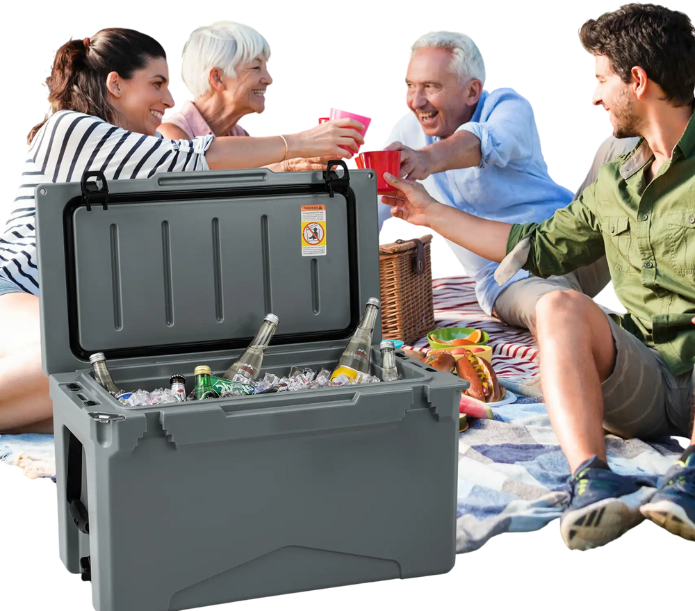 Gray 50 QT rotomolded cooler with integrated cup holders, filled with drinks, perfect for outdoor gatherings and.