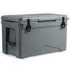50 QT rotomolded cooler in gray with integrated cup holders, designed for travel and outdoor activities.